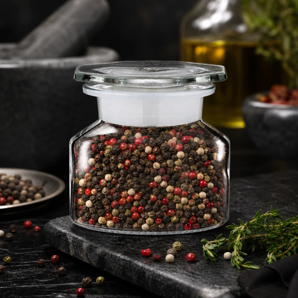Idee voor een glazen kruidenpotje: schuine schouders nauwe hals 50 ml helder glas incl. glazen stop Klein, steilborstig glas met brede hals, met een gekleurde pepermix naast olijfolie op een donkere achtergrond