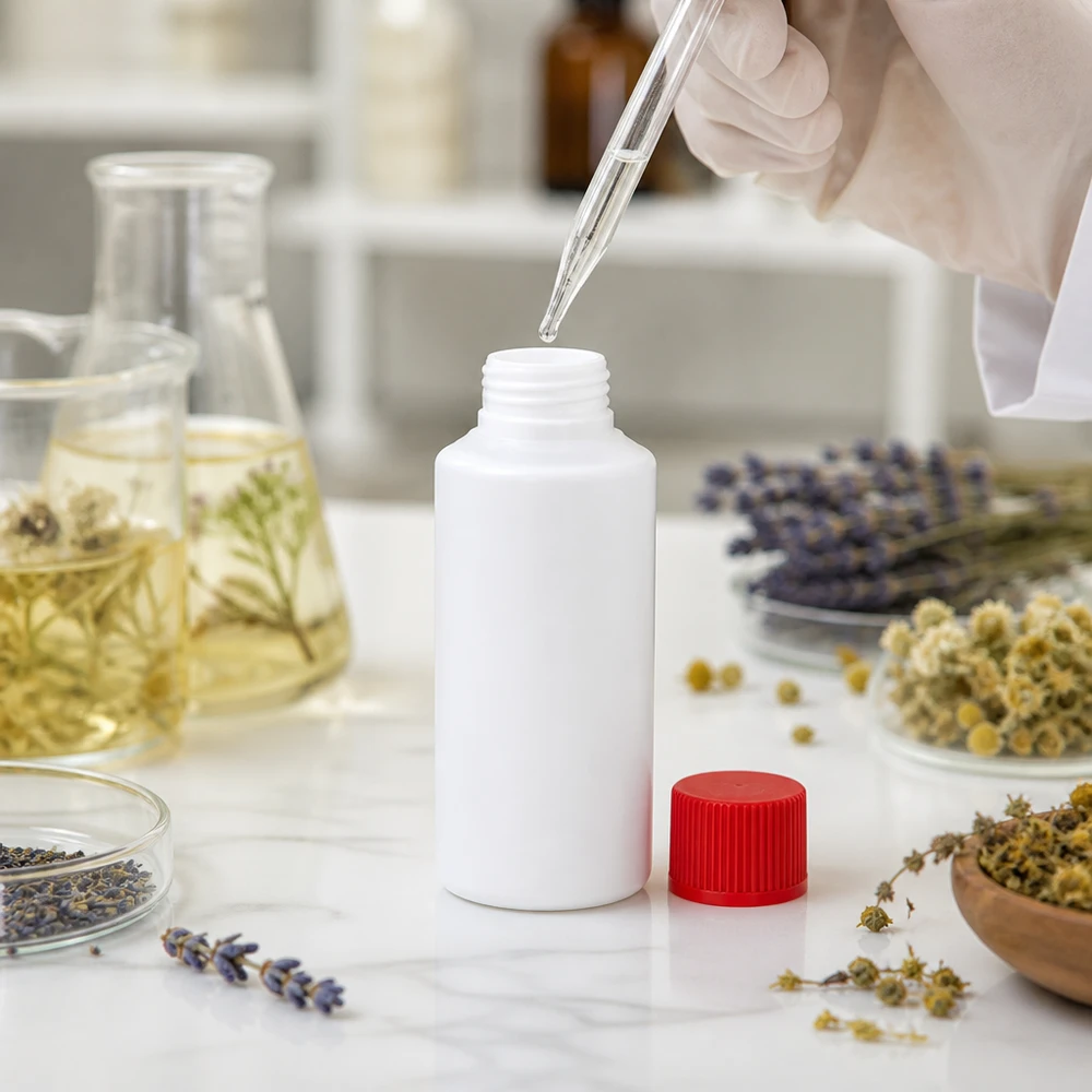 Witte HDPE-ronde fles van 30 ml met rode dop op een marmeren oppervlak in een laboratorium voor natuurlijke cosmetica
