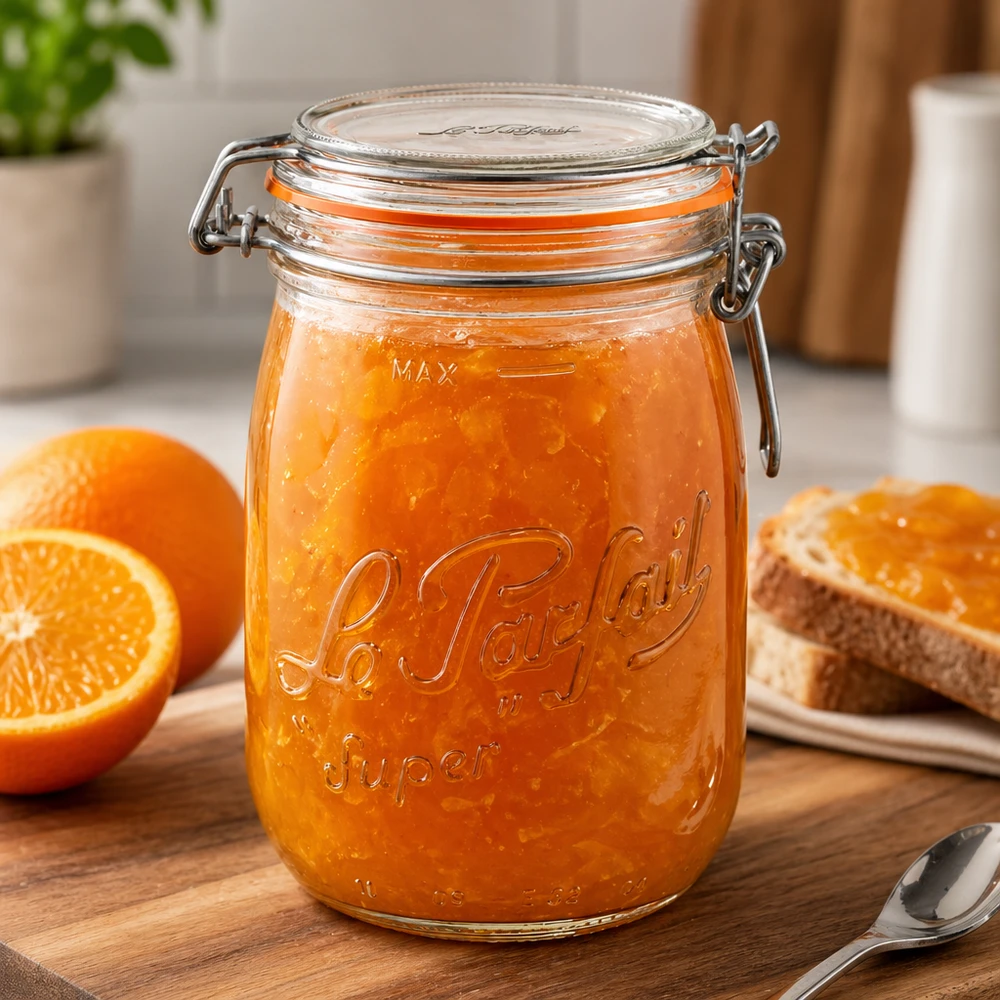 1000ml Le Parfait Super voorraadpot met draaidop gevuld met sinaasappelmarmelade op houten plank met sinaasappels