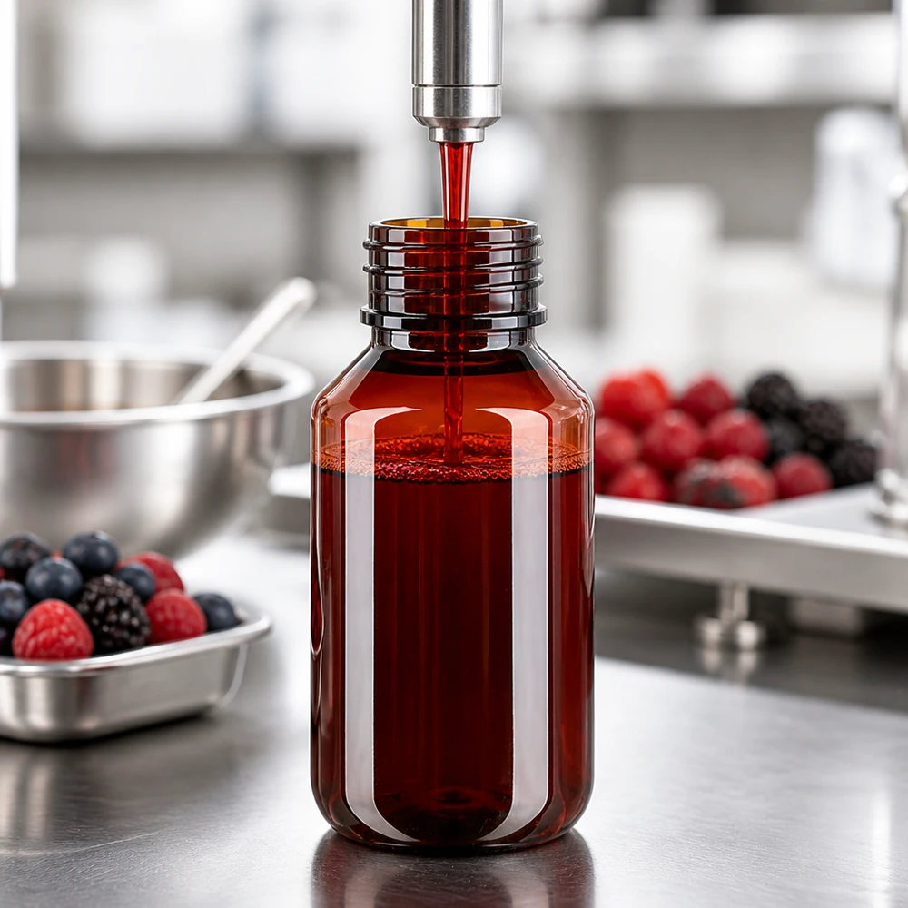 PET-fles 100ml met zwarte spuitdop OV Kompakte braune PET Flasche 100ml mit schwarzem Spritzverschluss in Lebensmittelproduktion