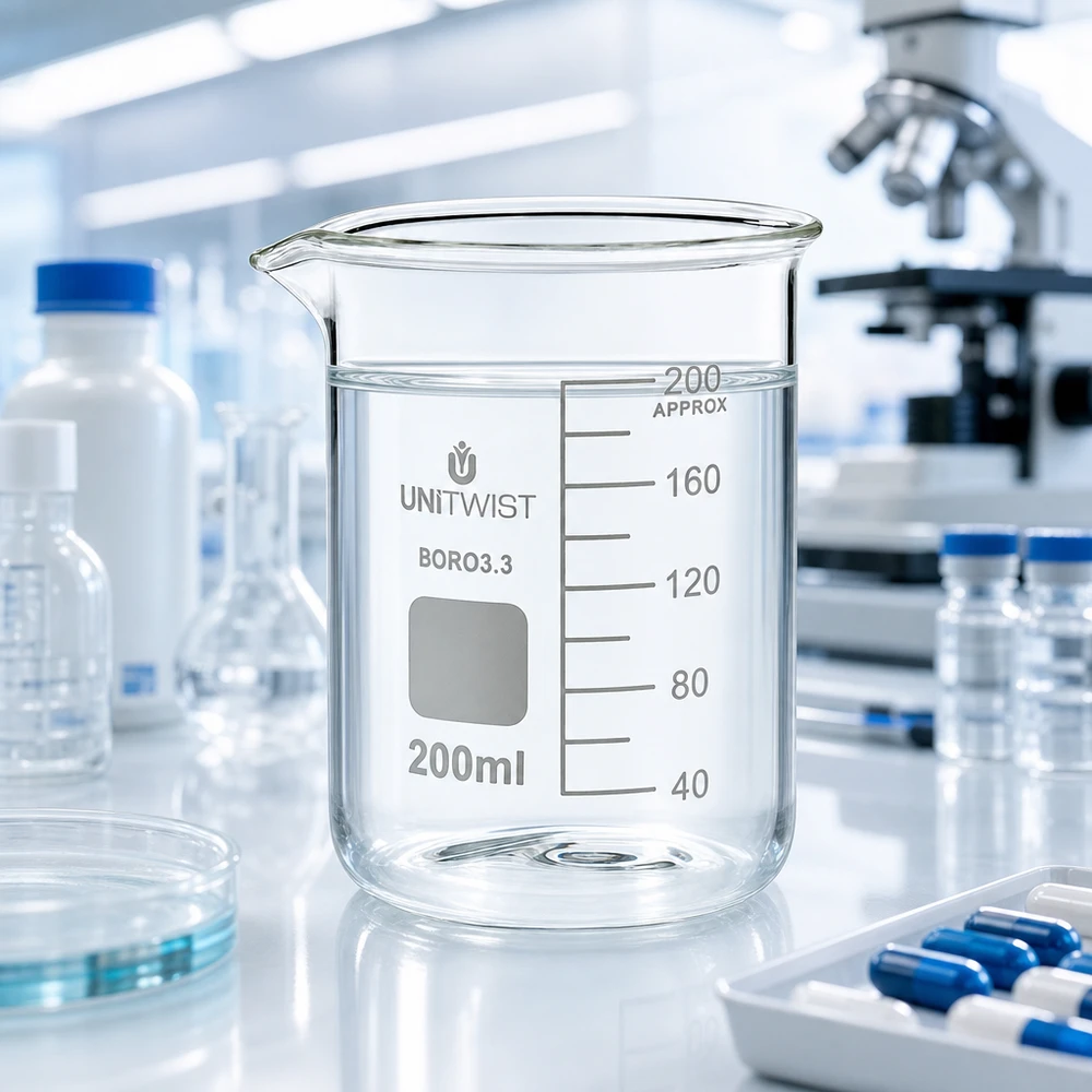 Beker 200ml borosilicaat, schimmelarm UNiTWIST Beker met handgreep, 200 ml, laag model met schenktuit voor nauwkeurig doseren in het dagelijkse laboratoriumwerk