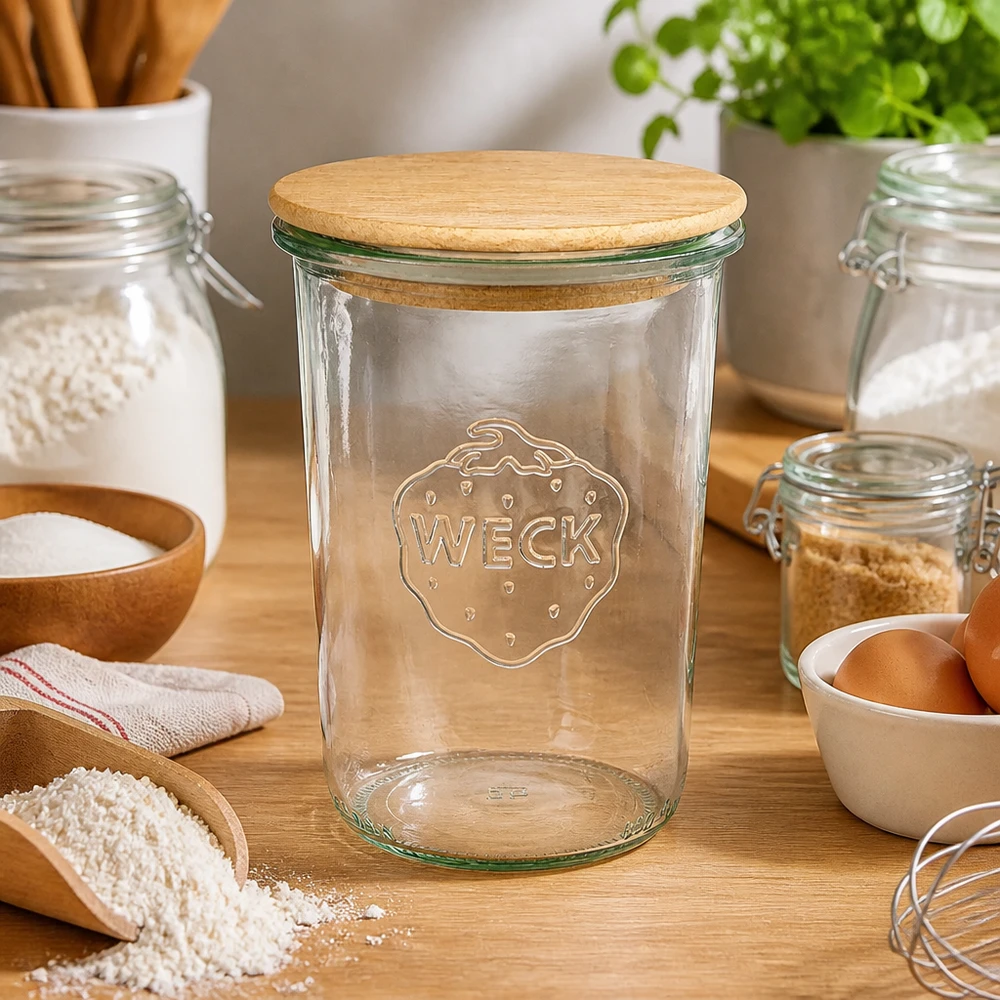 850ml stortglas WECK RR100 met hout deksel WECK bekers 850ml RR100 houten deksel keuken bakingrediënten bloem eieren keukengerei natuurlijke materialen