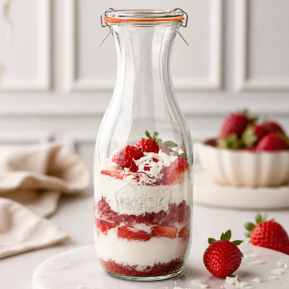 WECK sap fles 1062ml RR60 als dessert pot gevuld met aardbeien crème gelaagde dessert keuken achtergrond wit