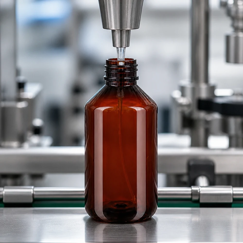 500 ml PET medicijnfles met verstuiver zwart GCMI 28/410 incl. dop transparant, standaard Präzise Dosierung von Flüssigkeit in braune 500ml PET Flasche durch Edelstahlfüllkopf