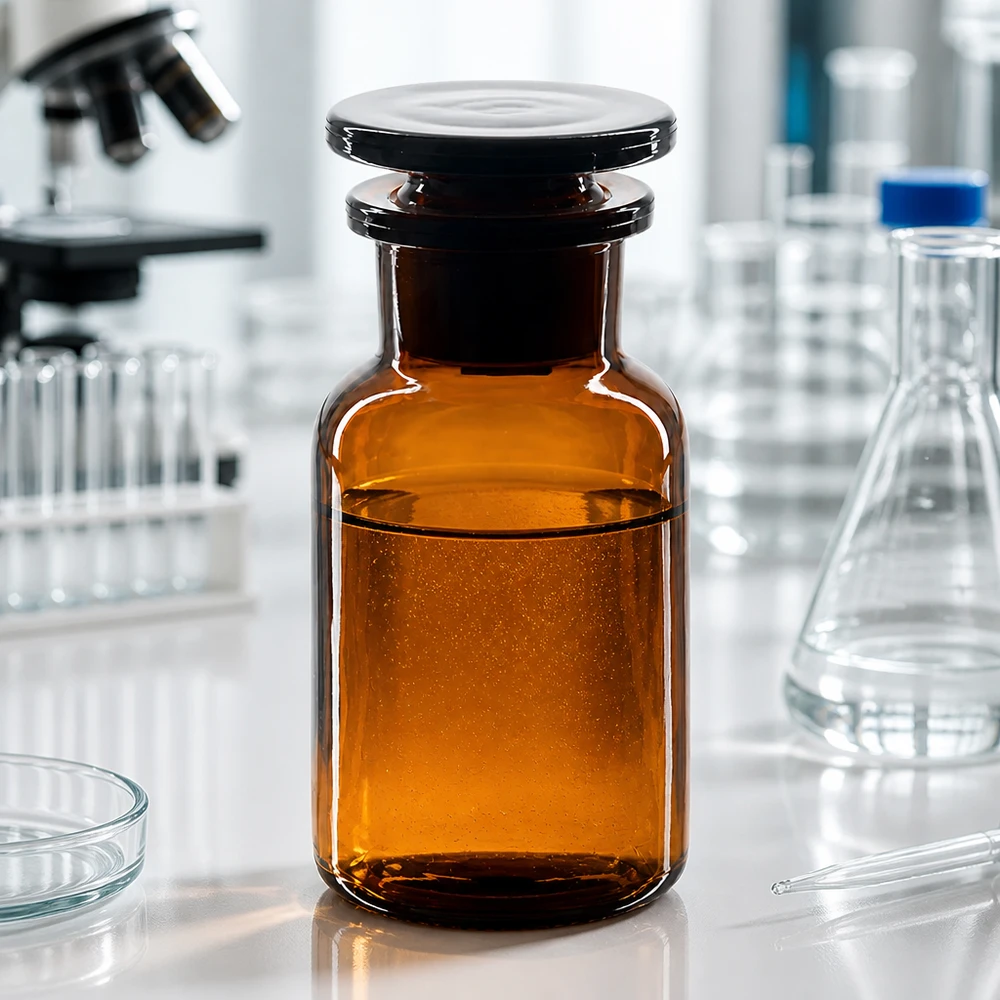 Farmaceutisch flesje van 100 ml, bruin glas met glazen stop, brede hals, voor lichtgevoelige stoffen