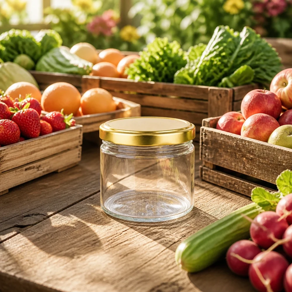 540ml ronde pot met BasicSeal deksel goud tussen vers fruit en groenten op een houten tafel natuurlijke sfeer
