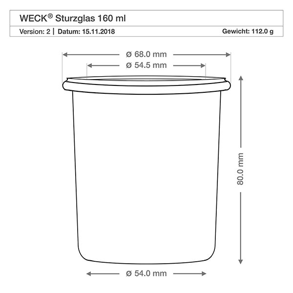 WECK RR60-pot van 160 ml met vershouddeksel Technische tekening WECK 160ml beker RR60 met afmetingen - diameter 68mm, hoogte 80mm, gewicht 112g