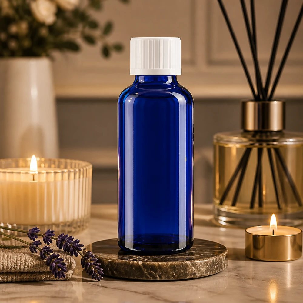 Blauwe glazen flessen 30ml met wit druppelsluiting kinderslot St Druppelflesje van 30 ml in blauw glas met UV-bescherming en KiSi-dop voor een veilige dosering van essences