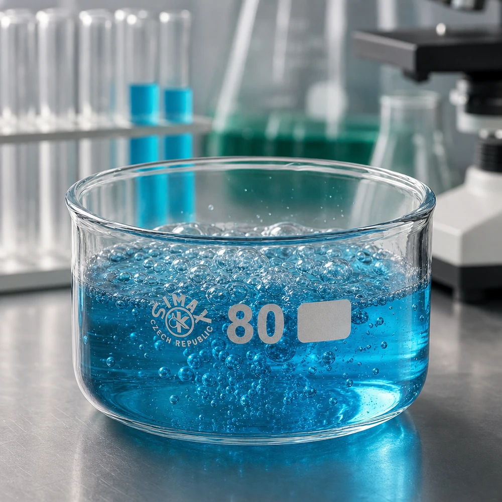 Kristalliseerschaal 150ml zonder schenktuit Chemische reactie in een doorzichtige glazen schaal van 150 ml, diameter 80 mm, laboratoriumaccessoire van SIMAX