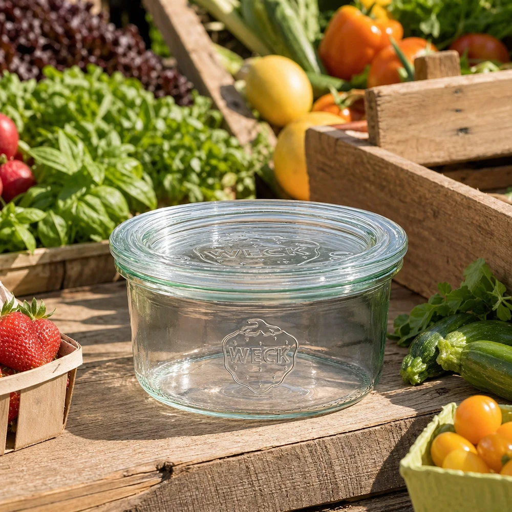 WECK 165ml RR80 lege mason pot met glazen deksel tussen vers fruit en groenten op een rustieke houten tafel