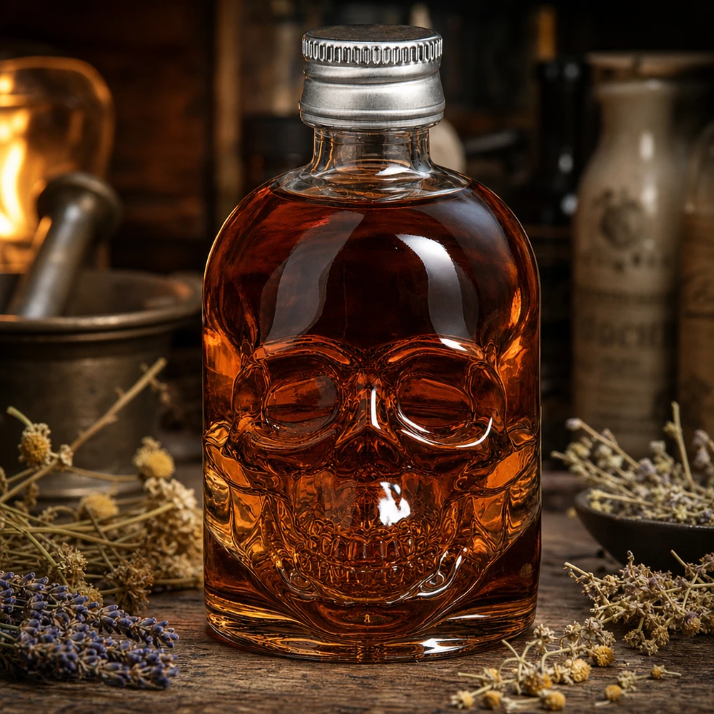 50ml Hector glazen fles met amberkleurige vloeistof tussen kruiden en specerijen in een apothekerssfeer