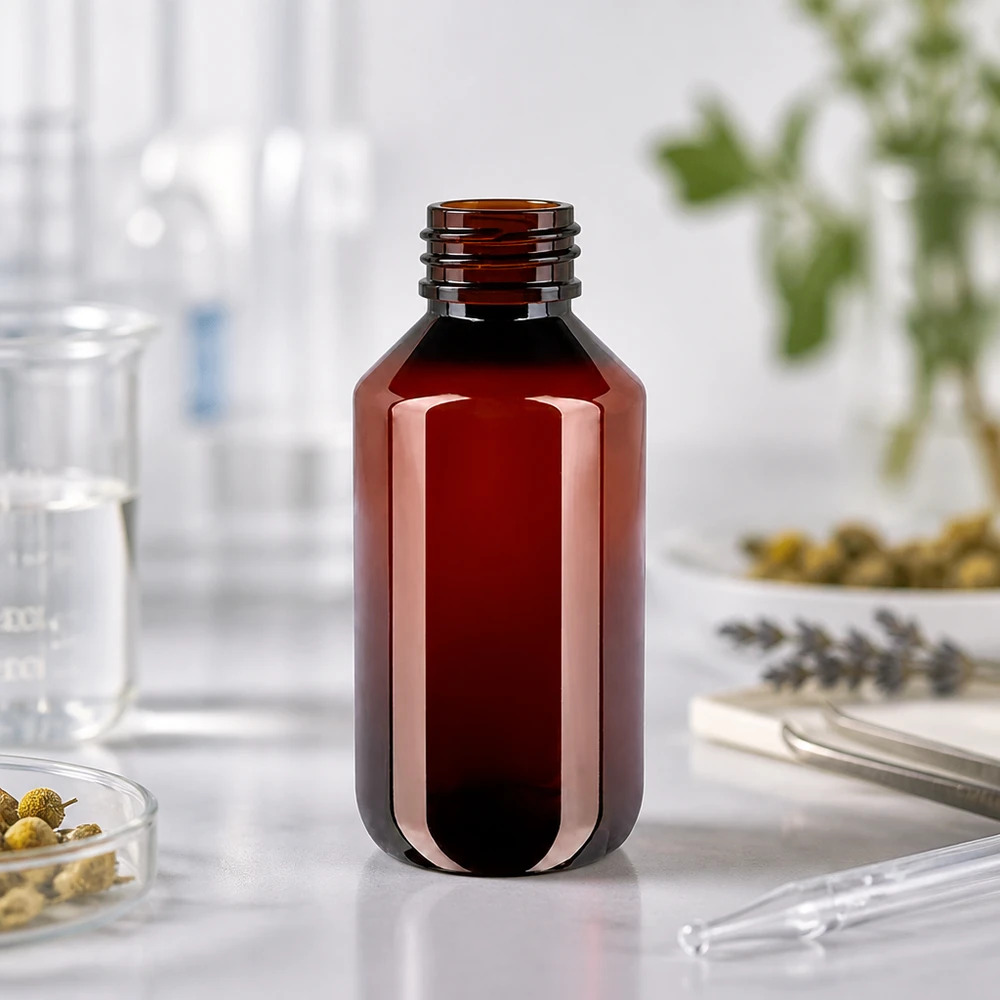 PET-fles van 200 ml in amberkleur met rode dop, voor laboratoriumtoepassingen en tincturen