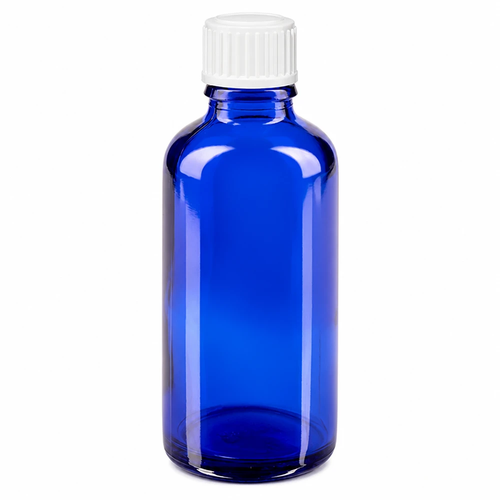 Apothekersflesje blauw 50ml schroefdop wit standaard Blauwe apothekersglazen flesje van 50 ml met witte schroefdop voor druppels en tincturen