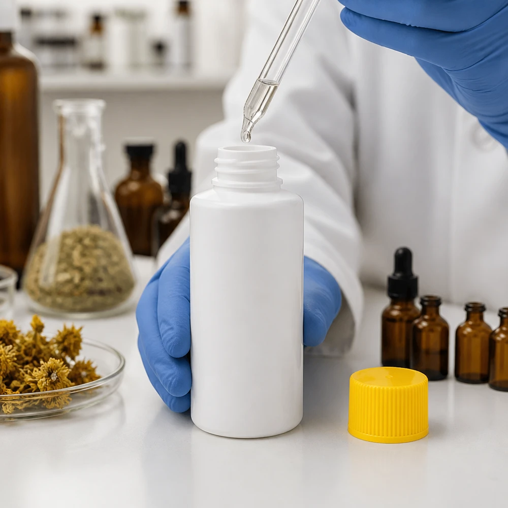 PET cilinderfles 30ml wit met schroefsluiting geel Een laboratoriummedewerkster vult een witte HDPE-fles van 30 ml met een pipet en een gele dop