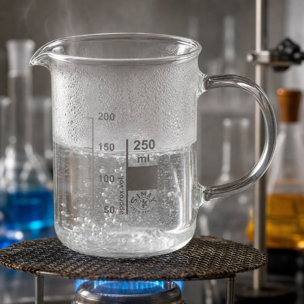 Laboratoriumopstelling met een bekerglas van 250 ml op een draadrooster boven een gasvlam met dampend water