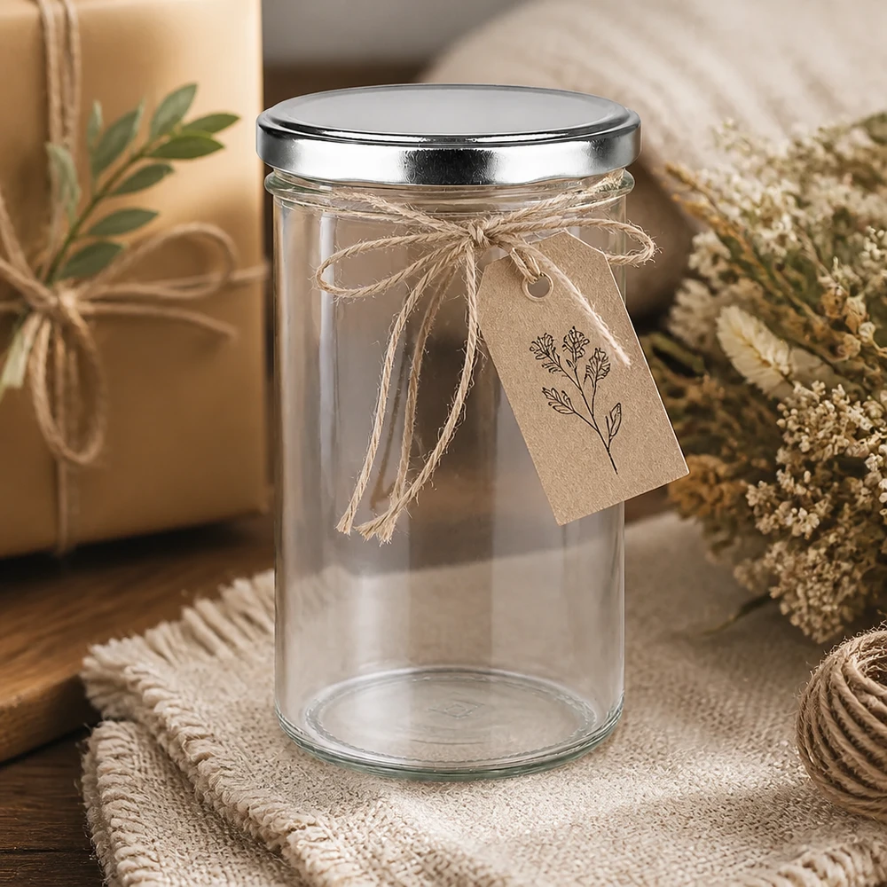 277ml bekers met BasicSeal deksel zilver decoratief gerangschikt met cadeaulabel en natuurlijke materialen
