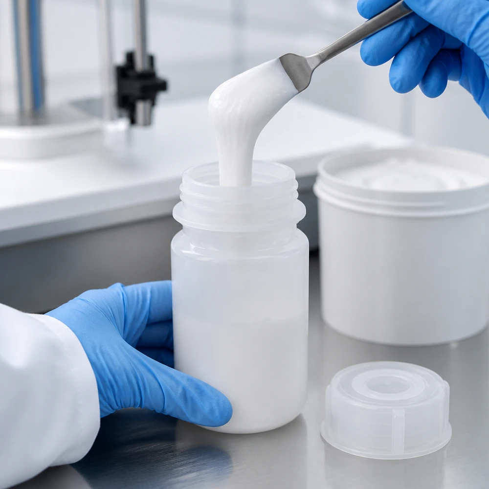 Wijde hals laboratoriumfles 50ml met sluiting Melkwitte 50 ml-fles met brede hals en schroefdop voor cosmetische laboratoriumtoepassingen