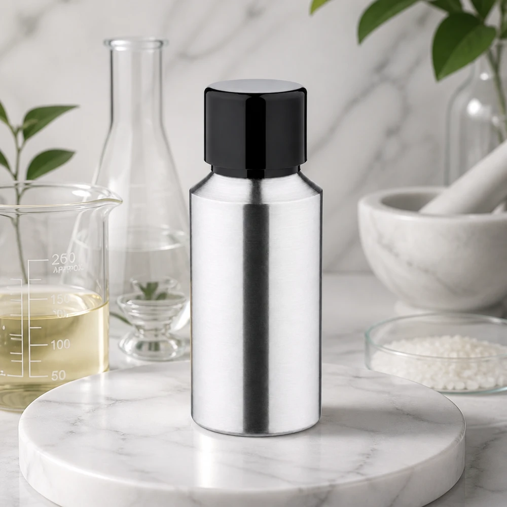 30 ml aluminium flesje met matte afwerking en hygiënische plastic schroefdop
