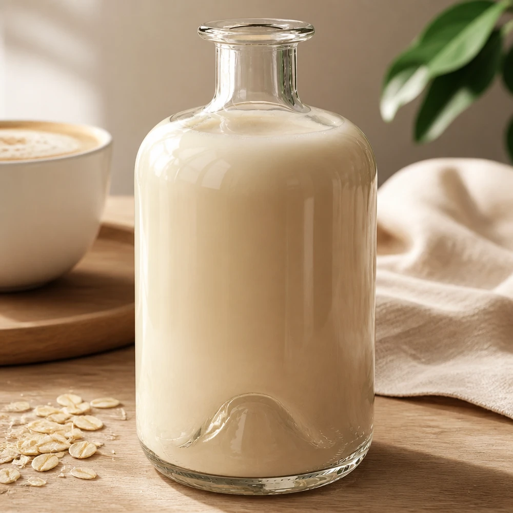 Apothekersfles Luna 500ml gevuld met romige havermelk naast koffiekopje en havermout op houten tafel