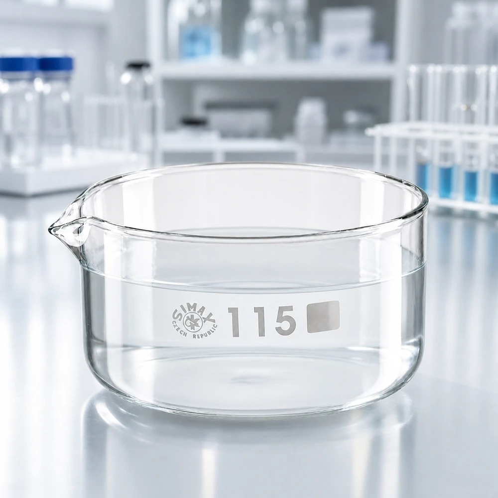 Vlakke glazen inkookschaal van 500 ml met uitgietmond voor chemische laboratoriumtoepassingen, ø 115 mm, SIMAX