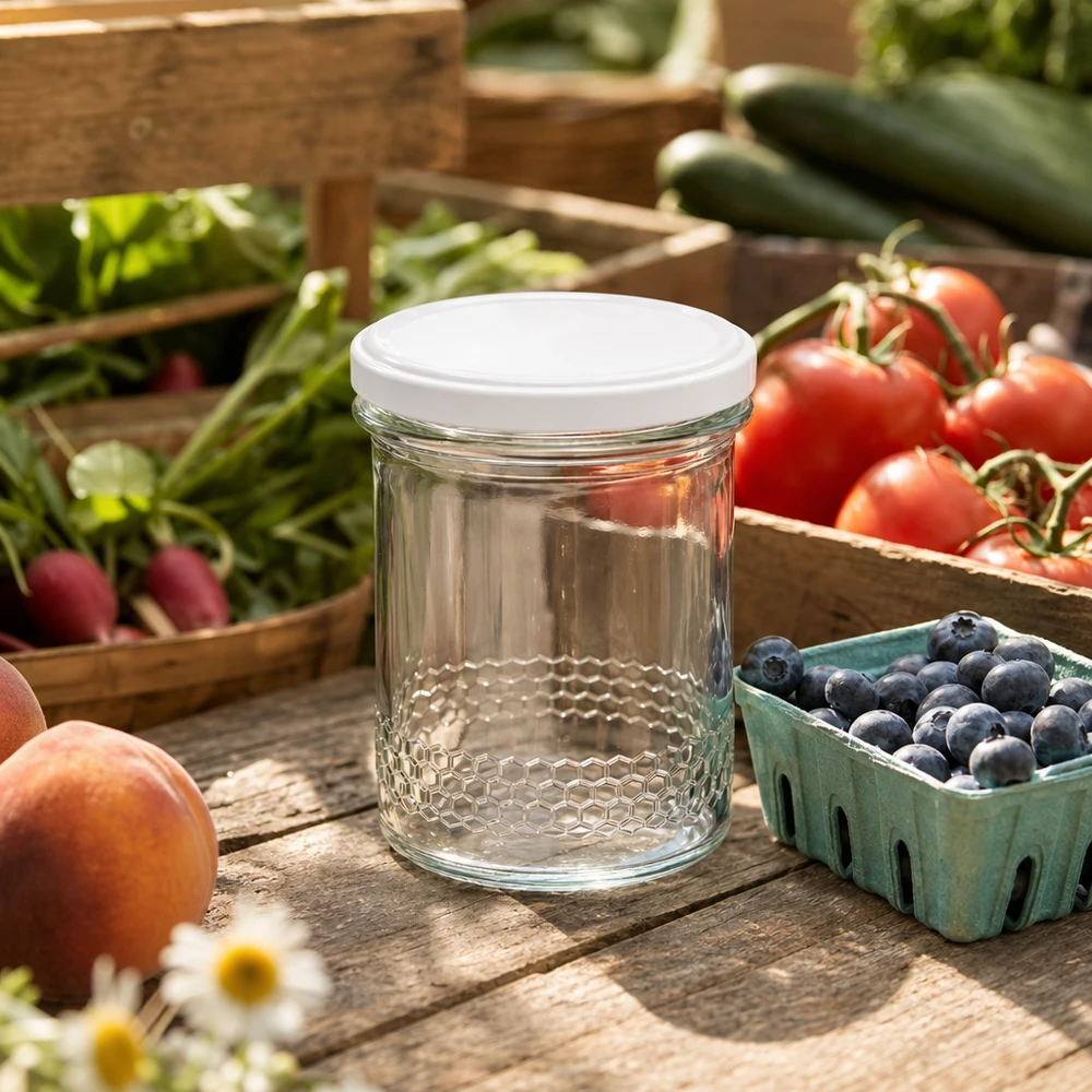400ml honingpot met wit deksel op houten tafel tussen vers fruit bosbessen tomaten buitenscène