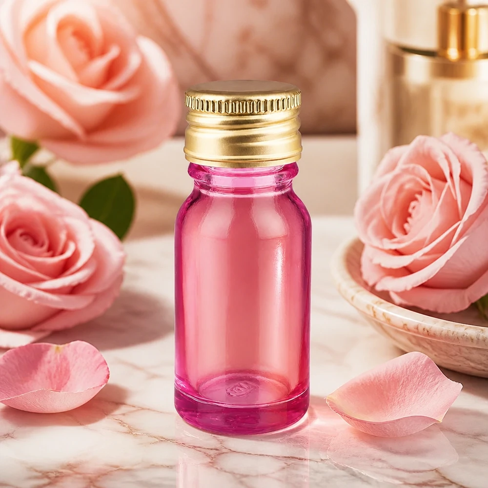 Elegant paars glazen flesje van 10 ml met gouden aluminium schroefdop voor serums en oliën