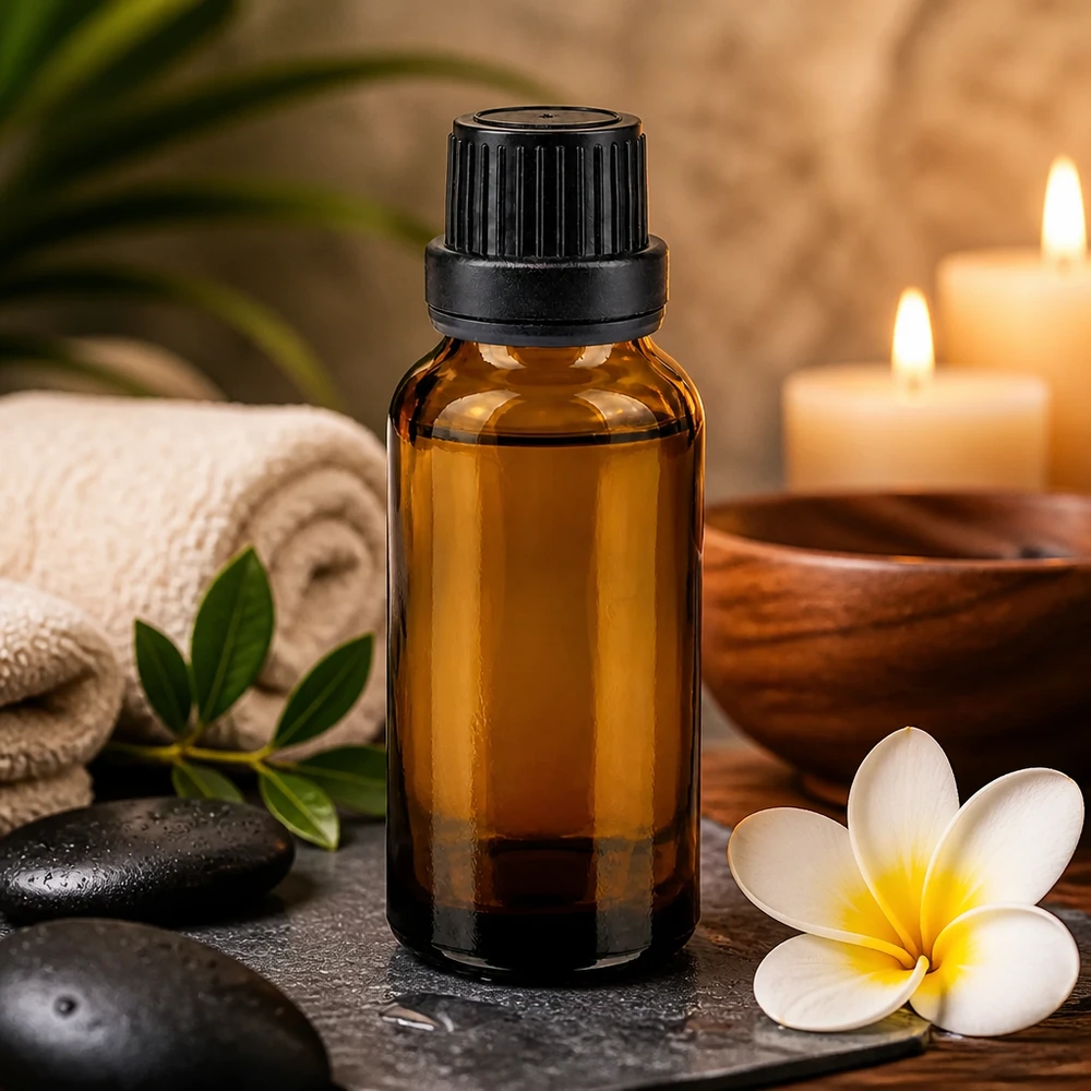 Bruine glazen fles 20ml met zwart schroefsluiting dicht. VR Hoogwaardig bruin glazen flesje van 20 ml met kindveilige zwarte dop voor kruidenoliën