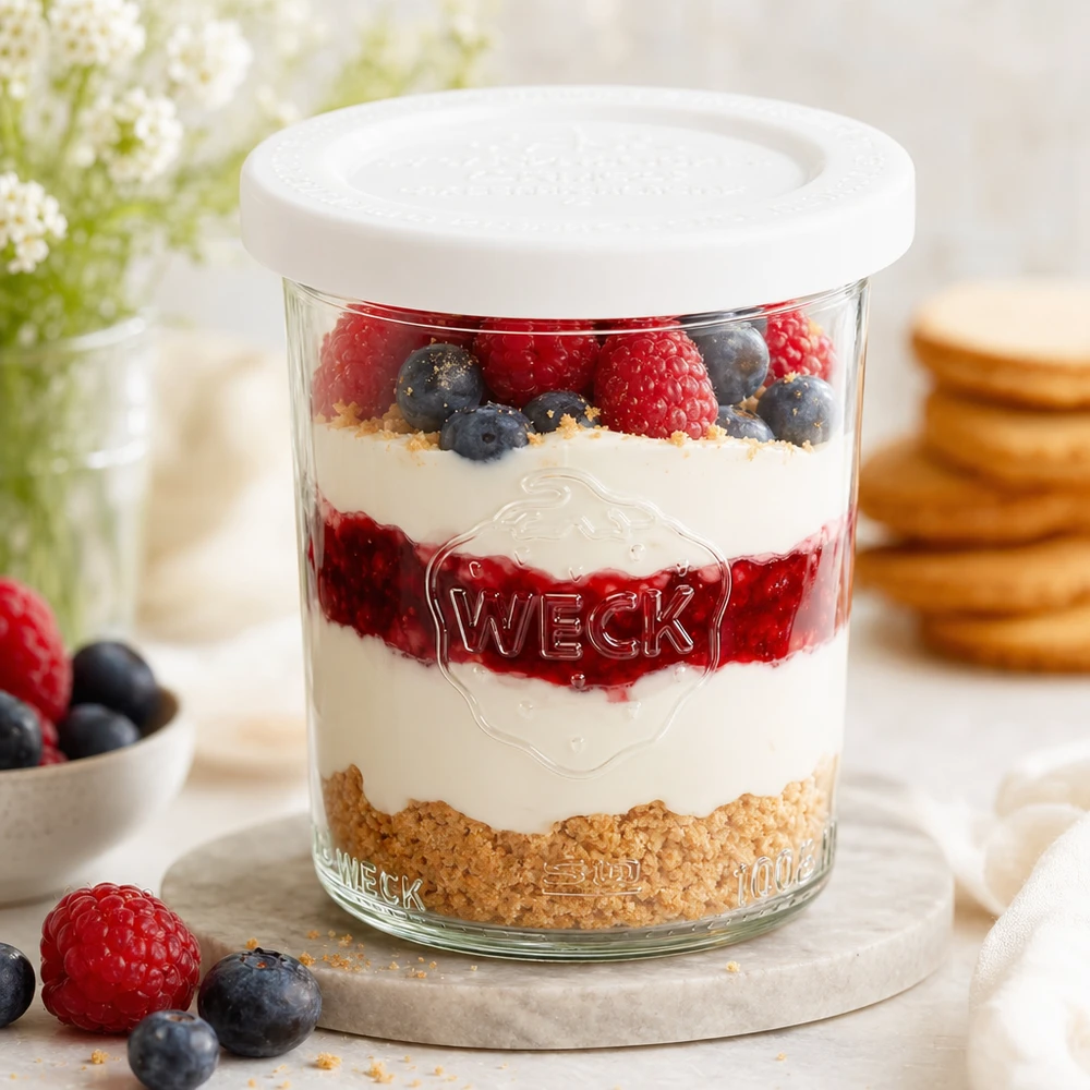 WECK RR60-pot van 160 ml met vershouddeksel WECK RR60 bekers van 160 ml met een gelaagd dessert van yoghurt, bessen en koekkruimels - perfect als dessertpotje