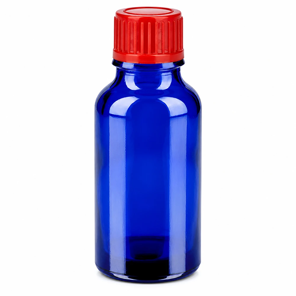 20ml fles 11mm SV rood STD BlueLine UT18/20 BlueLine flesje 20ml blauw glas ronde dop rood voor essentiële oliën