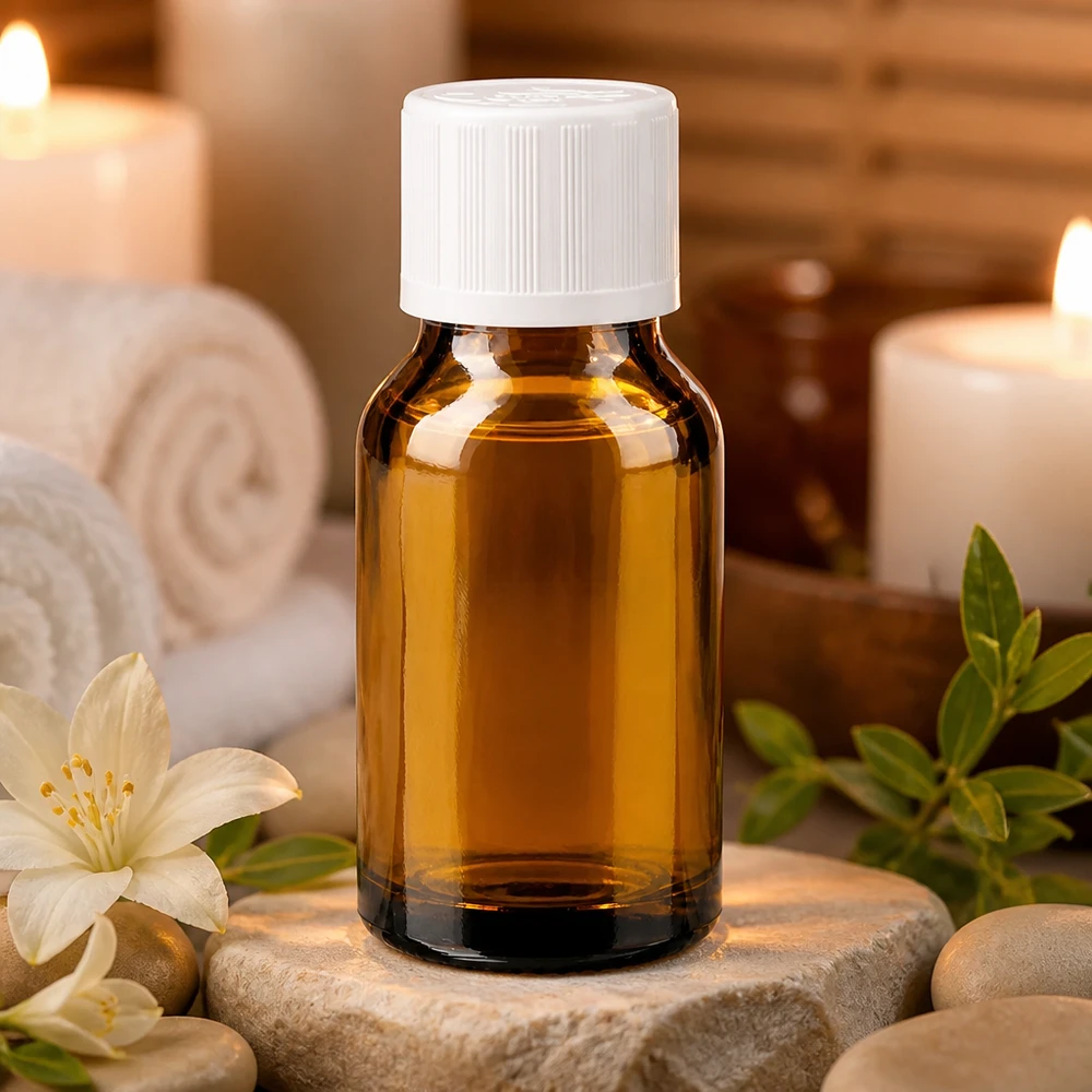 Compacte apothekersfles van 30 ml, bruine glas, standaarddop, wit, geschikt voor natuurlijke cosmetica