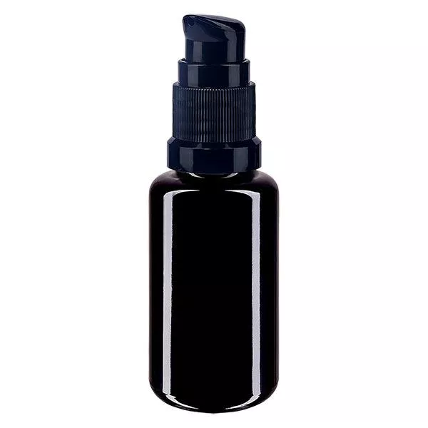 Violet glas fles 20 ml met pompsluiting zwart Violet glas fles 20 ml met pompsluiting zwart