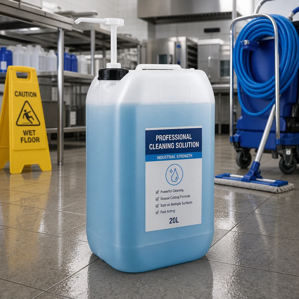 Grote verpakking: jerrycan van 15 liter met doseerpomp voor industriële reinigingsmiddelen in de horeca
