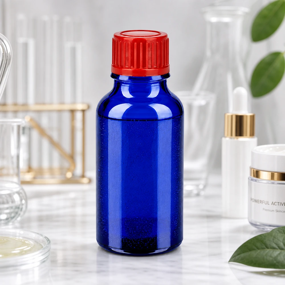 Veelzijdig blauw glazen flesje 20ml met standaard schroefdraadsluiting voor diverse toepassingen
