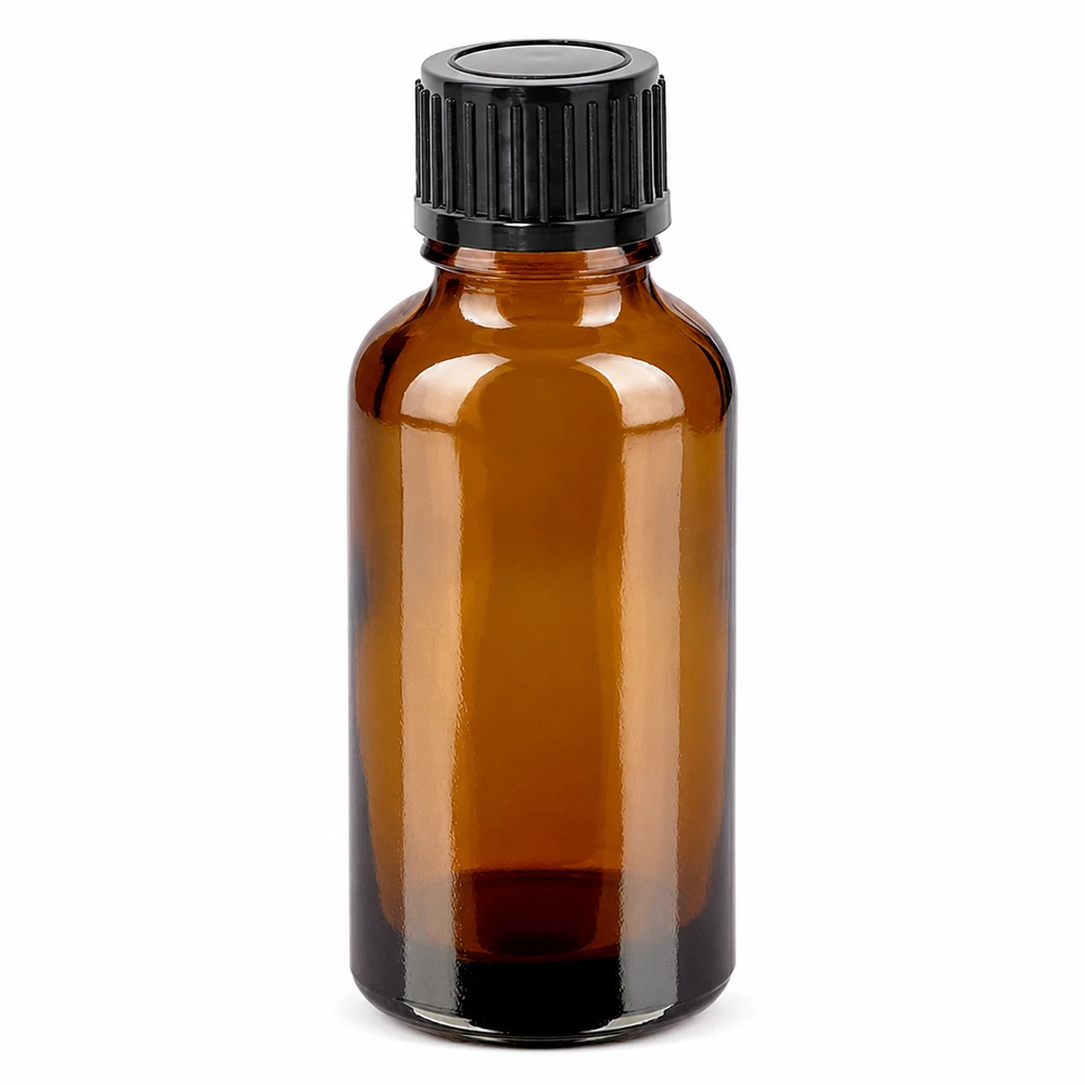 Compact flesje van 30 ml gemaakt van UV-bestendig amberkleurig glas om veilig te bewaren