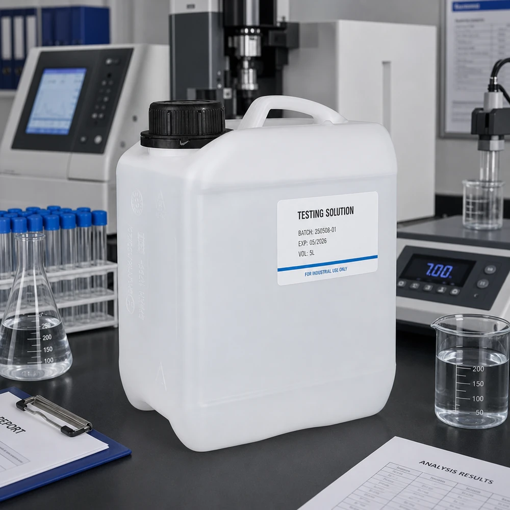 Stevige chemicaliënbus van 2,5 liter, wit, met een gripvaste zwarte sluiting voor industriële toepassingen
