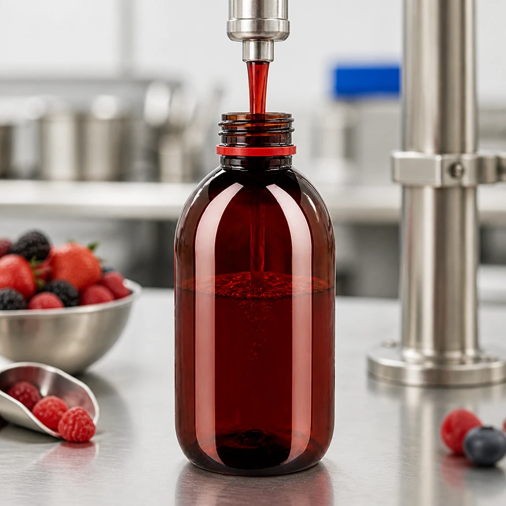 PET-fles 250ml met wit/rode dop OV Het afvullen van rood vruchtensap in een amberkleurige PET-fles van 250 ml met een originaliteitssluiting in het roestvrijstalen laboratorium