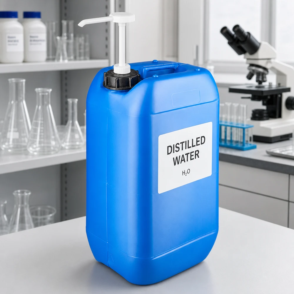 Stevige HDPE-kan van 15 liter in blauw met hygiënische doseerpomp voor laboratoriumgebruik