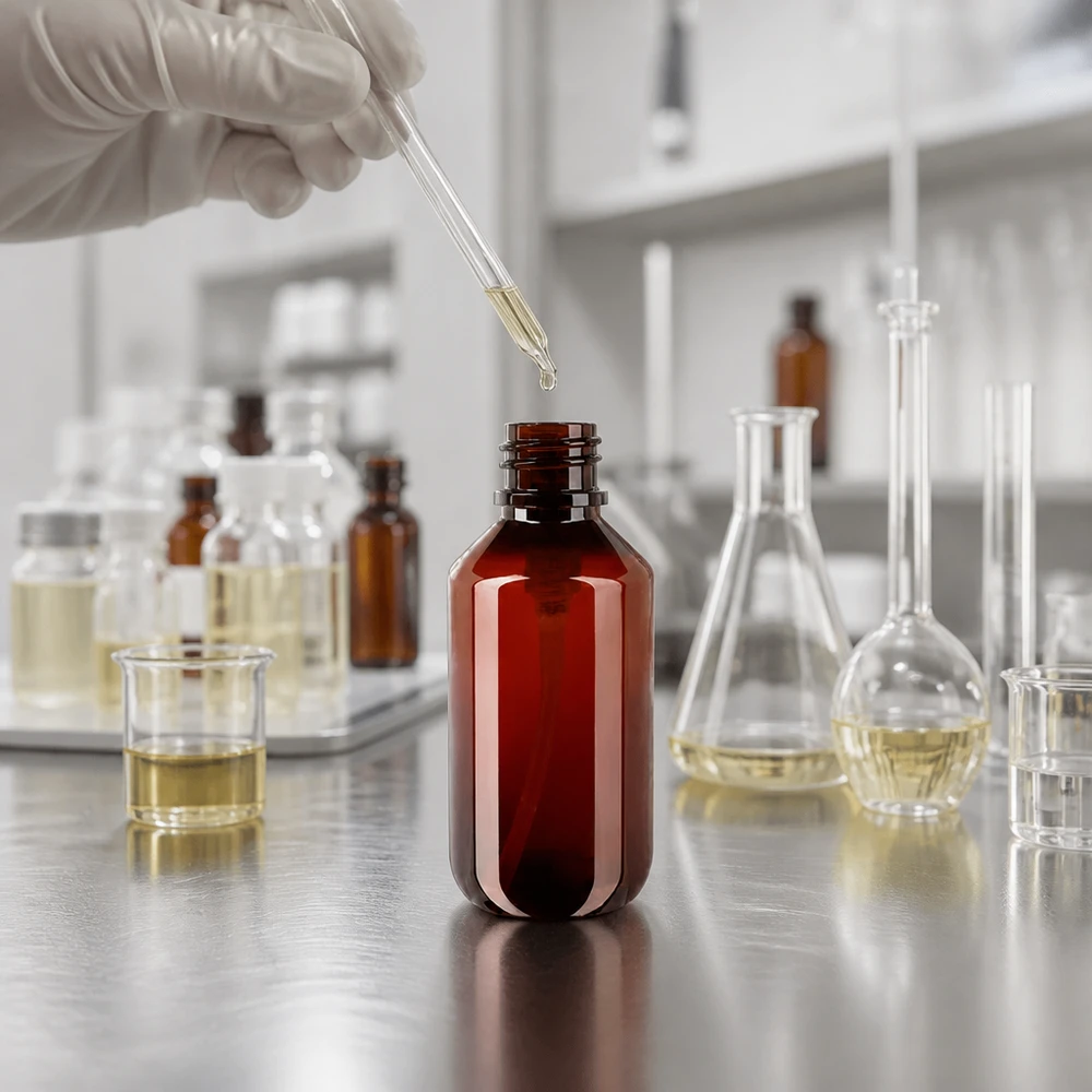 PET-fles 200ml met dispenserpomp zwart Een lichtondoorlatende, amberkleurige PET-fles van 200 ml beschermt lichtgevoelige oliën en serums