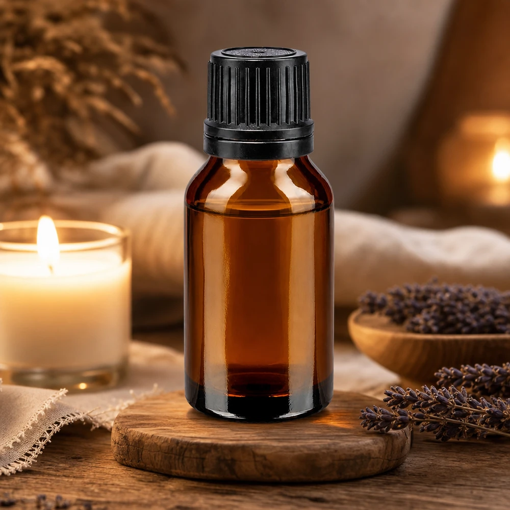 Compacte apothekersfles van 15 ml met schenkring in donkerbruin voor het nauwkeurig doseren van oliën