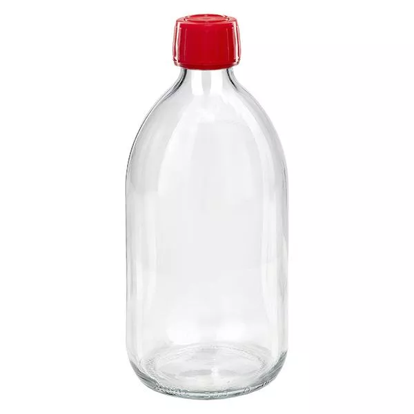500 ml Euro-medicijnfles helder met rode schroefsluiting VR 500 ml Euro-medicijnfles helder met rode schroefsluiting VR