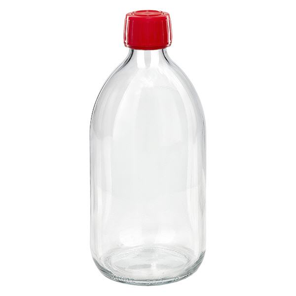 500 ml Euro-medicijnfles helder met rode schroefsluiting VR 500 ml Euro-medicijnfles helder met rode schroefsluiting VR