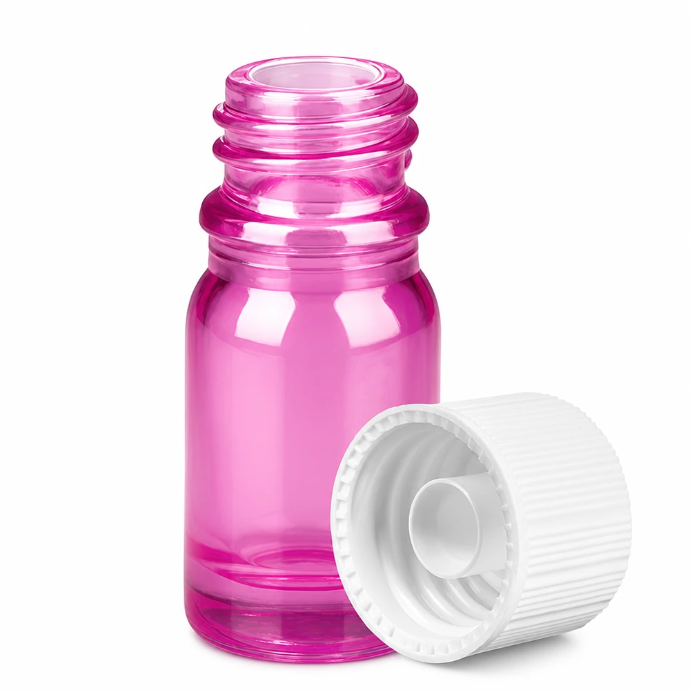 Hoogwaardig 5ml apothekersflesje van violet glas met witte standaarddop SV