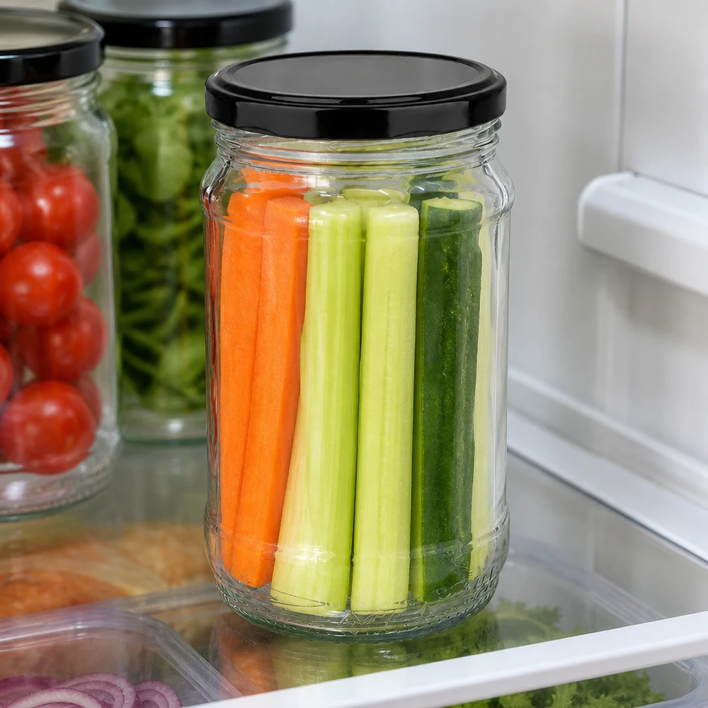 Rond glas van 370 ml + BasicSeal zwart UNiTWIST Duurzame versbewaring met een rond glazen potje van 370 ml en een zwarte BasicSeal-deksel van UNiTWIST voor rauwkost