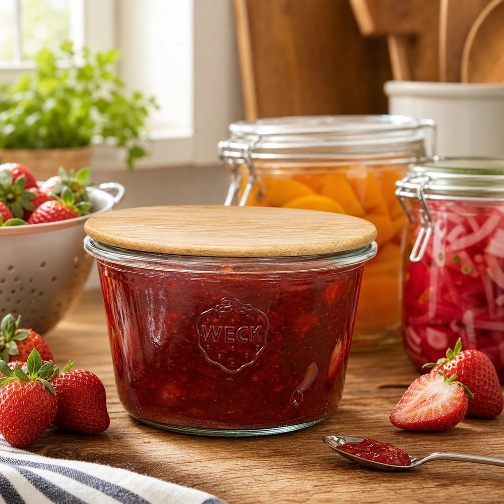 370ml stortglas WECK RR100 met hout deksel WECK RR100 tuimelpot gevuld met aardbeienjam in keukensfeer met verse aardbeien en inmaakpotten