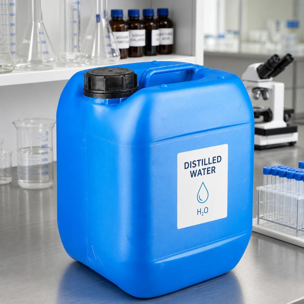 HDPE-kan van 5 liter, blauw, met verzegelde sluiting voor gedestilleerd water