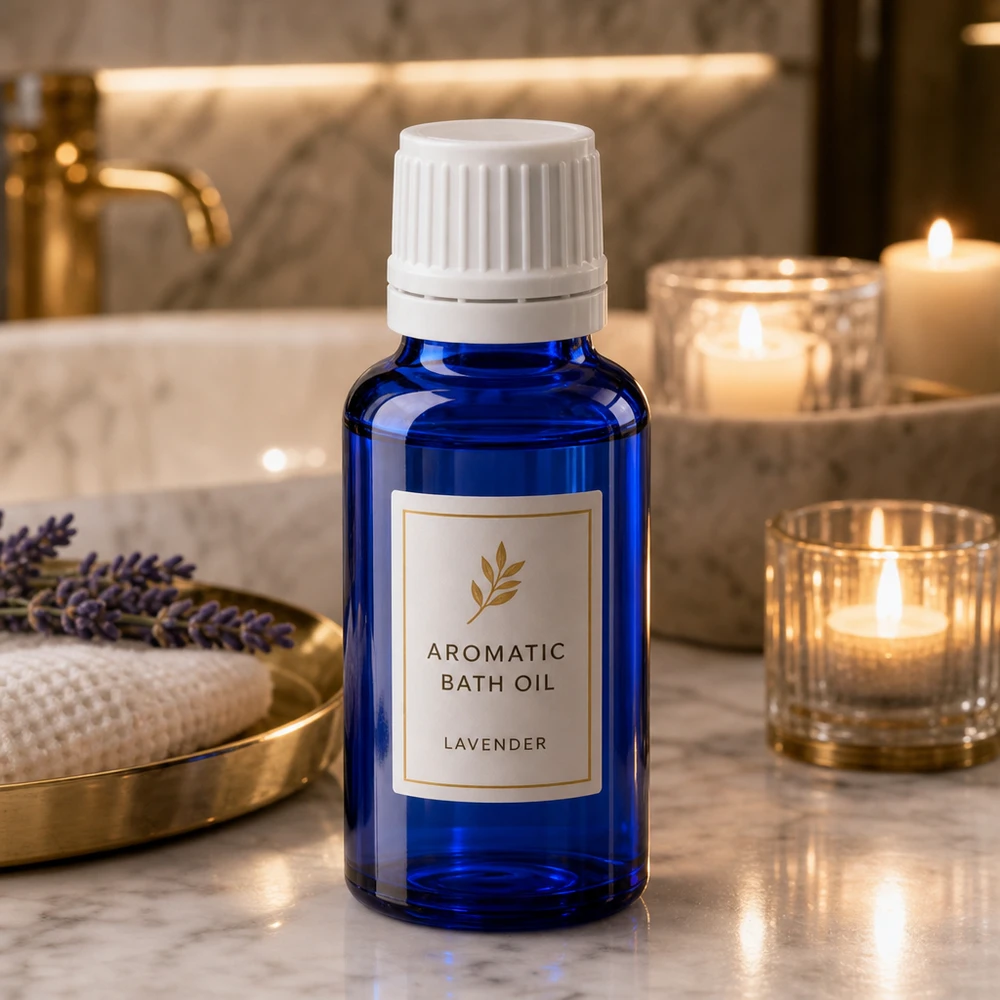 Hoogwaardig kobaltblauw glazen flesje van 20 ml met witte dop voor aromatherapie- en wellnessproducten