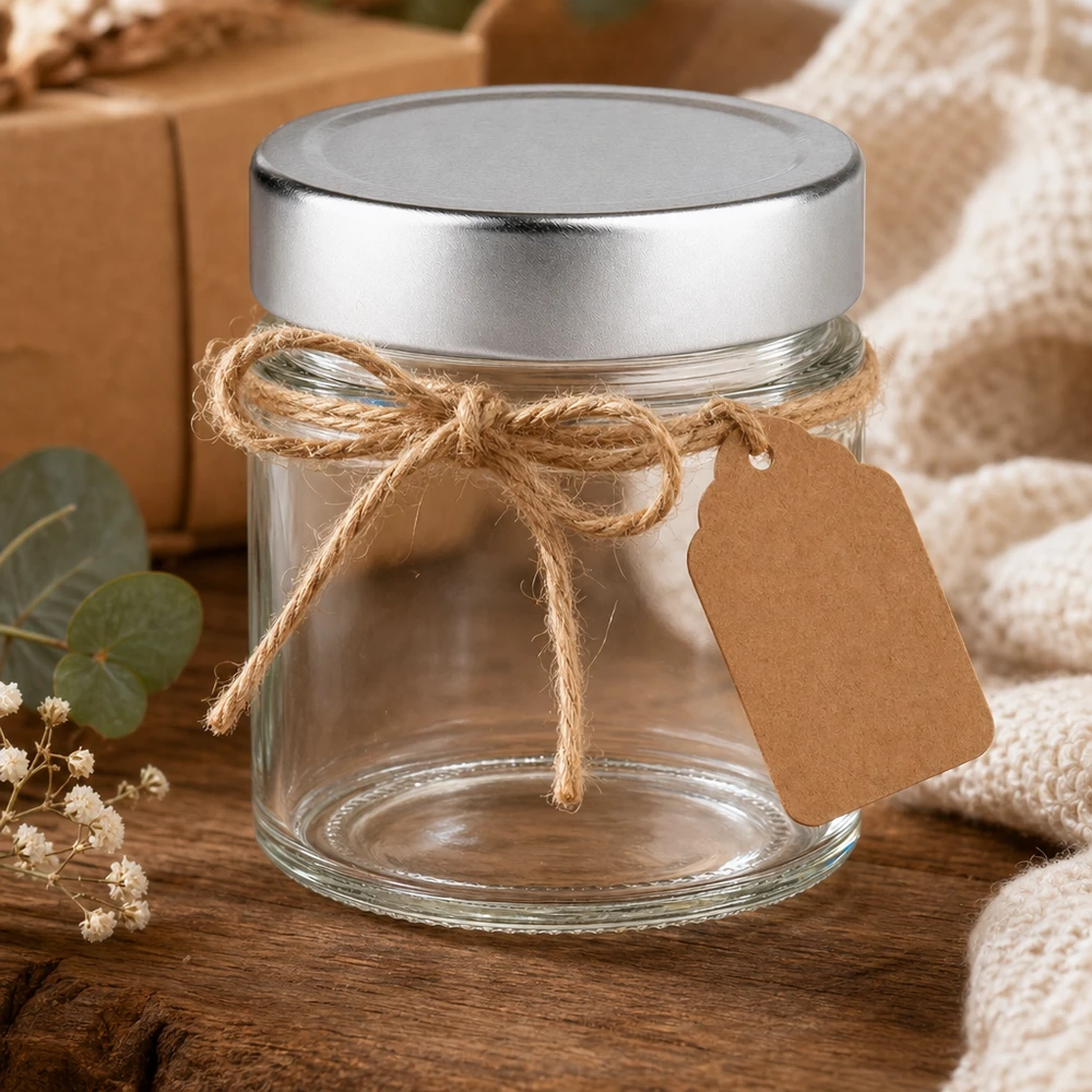 135 ml ronde pot met zilveren deksel decoratief met jute koord en kraftpapier label rustieke geschenkverpakking