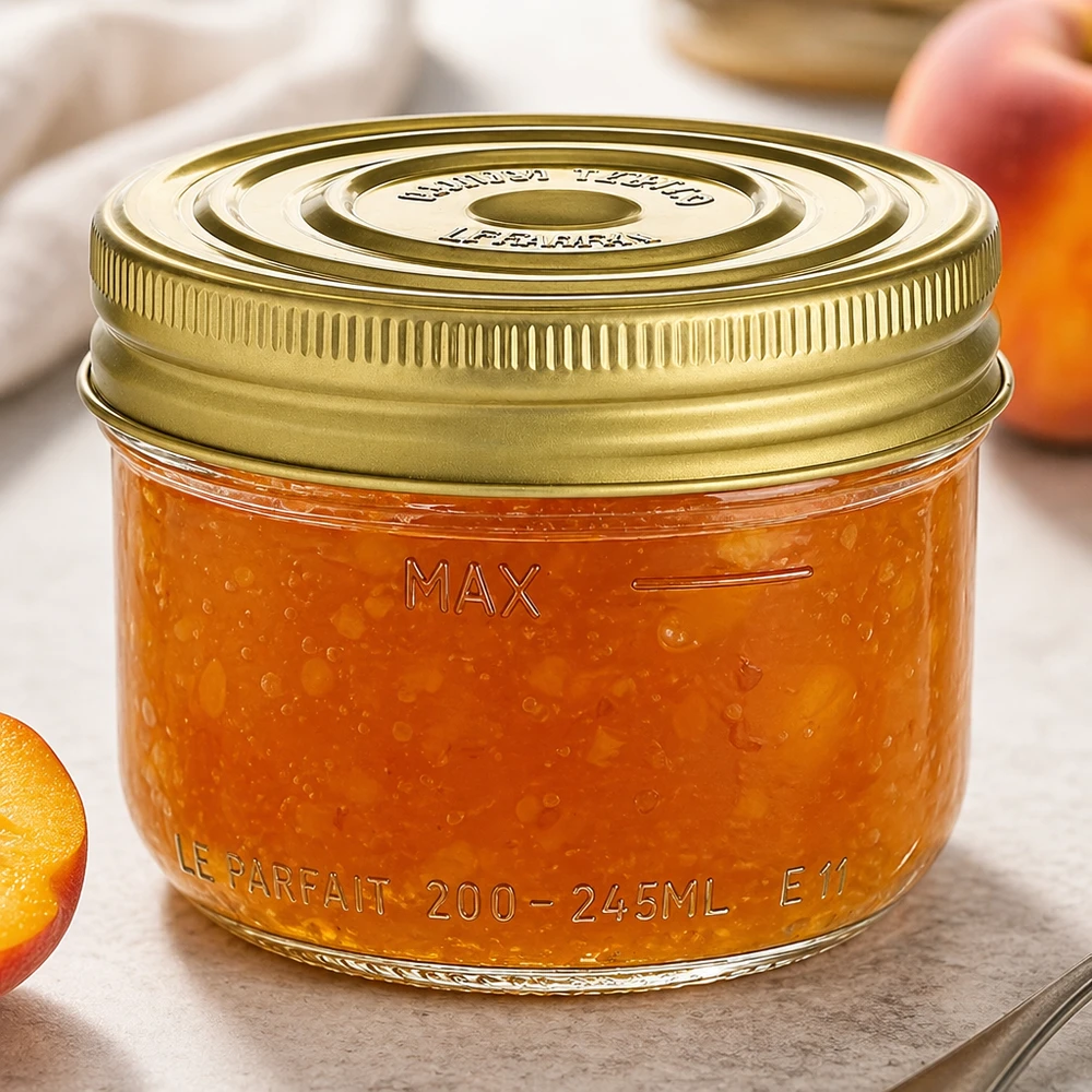 245ml Familia Wiss bekers met gouden schroefdeksel gevuld met sinaasappeljam op een houten tafel