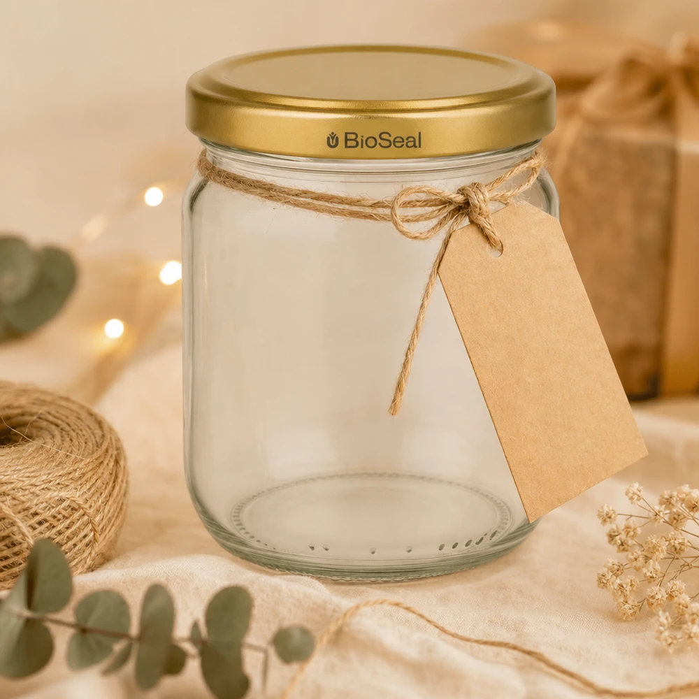Lege BioSeal-honingpot van 500 g met cadeaulabel en jutetouw, versierd met gedroogde bloemen