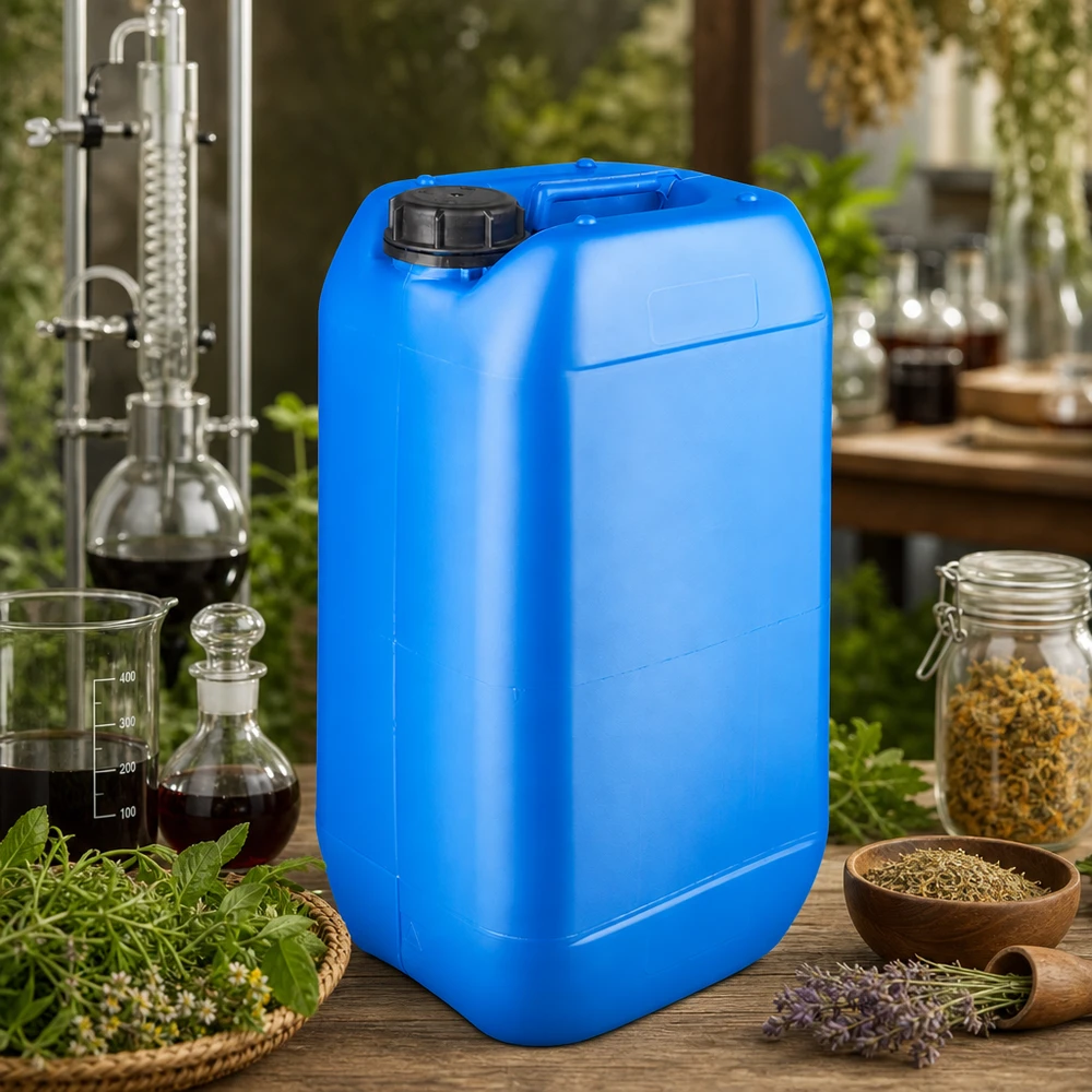 Canister 15 liter blauw met schroefdop OV Blauwe jerrycan van 15 liter met zwarte schroefdop voor kruidendestillaten en natuurlijke extracten